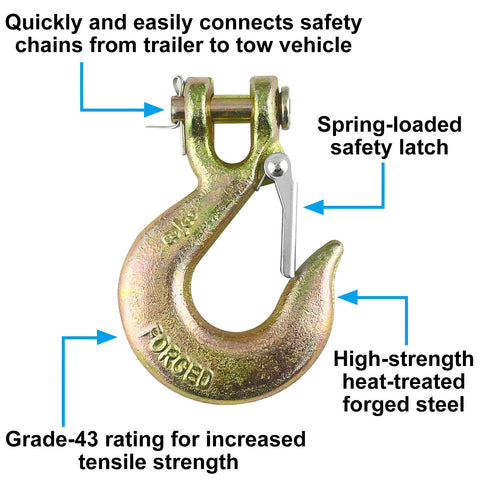 Three Eighths Inch Clevis Slip Hook With Latch Grade 70 Forged Steel 18,000 Lbs Capacity Heavy Duty Chain Hook For Towing Rigging And Industrial Use Spring Loaded Safety Latch For Quick Secure Attachments shown with labels for features.