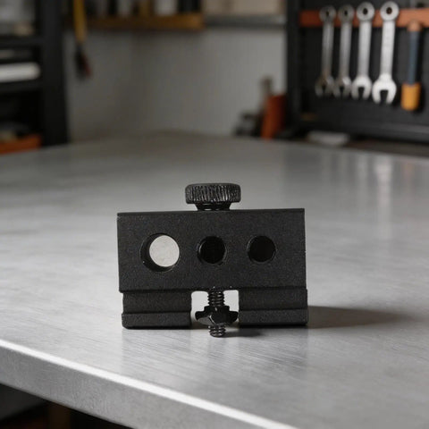 Heavy Duty Black Aluminum Igt Table Track Slider Clamp Mount with three ports on a workbench for outdoor plug and play setups