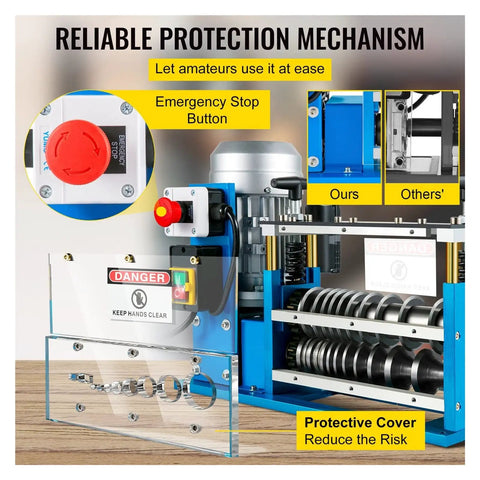 Heavy Duty Electric Wire Stripper Machine 370 Watt High Speed Cable Cutter showing emergency stop button and protective cover.