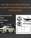 Timing Chain Kit With VVT Camshaft Sprocket And Both Intake And Exhaust Sprockets Plus Valve Cover Gasket For Hyundai Elantra Kona Veloster Kia Forte And Soul 20L Direct Replacement Parts Kit with silver sprockets and gasket shown.