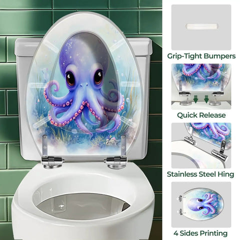 Kids Elongated Toilet Seat Ocean Themed featuring a colorful octopus design, suitable for standard elongated toilets.