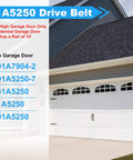 Beefed Up 7Ft Belt Drive Garage Door Opener Replacement Belt 41A5250 displayed on a residential garage with compatibility information.