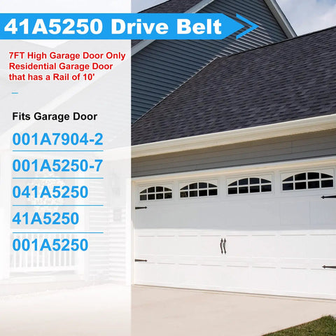 Beefed Up 7Ft Belt Drive Garage Door Opener Replacement Belt 41A5250 displayed on a residential garage with compatibility information.