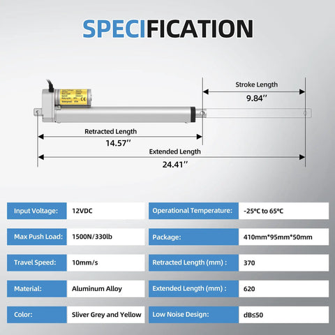 Diagram of 12V Beefy Fast Linear Actuator with 10 mm/s speed, 10-inch stroke, and 330 lb capacity, showing specifications.