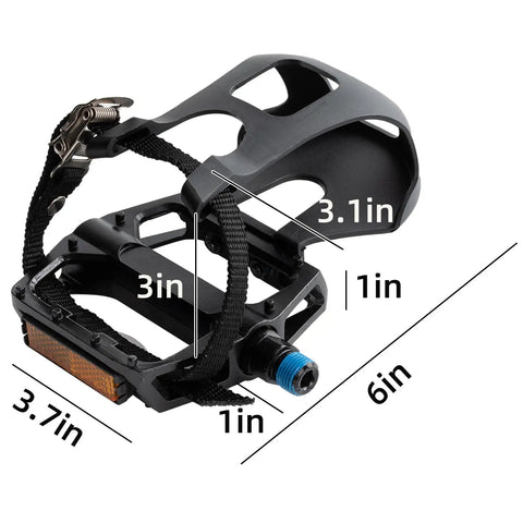 Ride Ready Aluminum Bike Pedals With Toe Cages, Universal Nine Sixteenths Inch Spindle Replacement showing dimensions