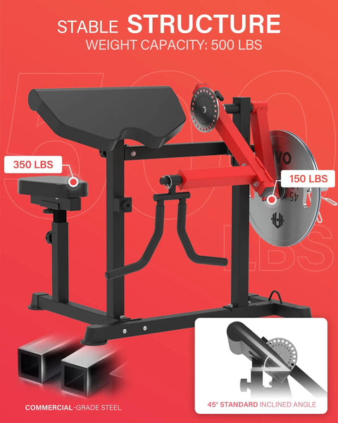 2 In 1 Bicep And Tricep Curl Machine With Adjustable Preacher Arm And Plate Loaded Design For Home Gym Red, weight capacity 500 lbs