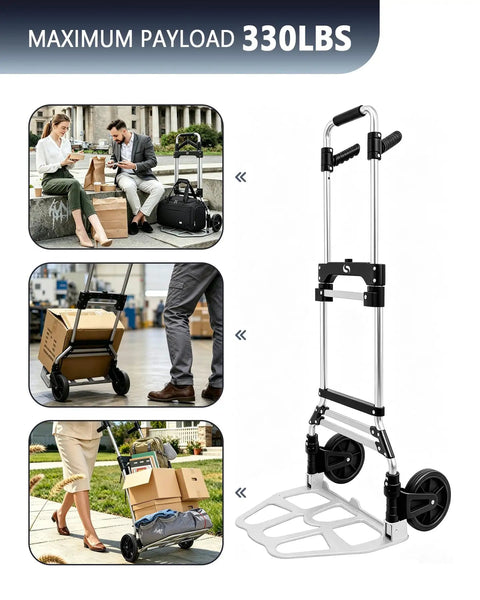 Heavy Duty Folding Hand Truck With Slick Telescoping Handle And Smooth Rolling Wheels Zero Fuss Portable Dolly Cart for easy moving with 330 lb load limit.