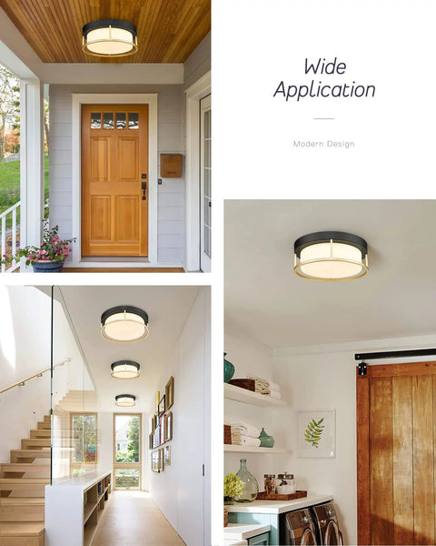 Dope Industrial Chic LED Flush Mount Ceiling Light 12 Inch 24W 1100 Lumens Dimmable 3000K Matte Black Gold Frame With Frosted Glass Close to Ceiling Fixture for Living Room Bedroom Hallway shown in various rooms