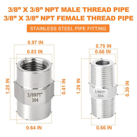 304 Stainless Steel Pipe Fitting Set Hex Nipple And Hex Coupling 3/8 In NPT Male To 3/8 In NPT Female diagram