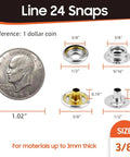 Comparison of Line 24 snaps with a dollar coin, showing snap measurements; 3/8 inch to 5/8 inch for 3mm materials