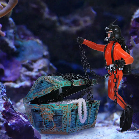 Action Aquarium Bubbler Treasure Chest Decor With Moving Diver For Fish Tanks Air Driven Scuba Ornament And Aerating Accessory