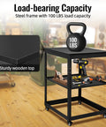 Heavy Duty Rolling Tool Stand With Swivel Casters And Tough Melamine Wood Worktop For Miter Saws Drill Press Bench Grinders And Planers Built Tough To Handle Daily Garage Grind with 100 lbs load capacity, sturdy black frame.