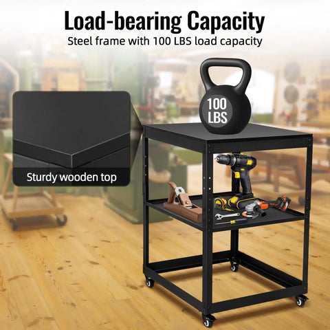 Heavy Duty Rolling Tool Stand With Swivel Casters And Tough Melamine Wood Worktop For Miter Saws Drill Press Bench Grinders And Planers Built Tough To Handle Daily Garage Grind with 100 lbs load capacity, sturdy black frame.