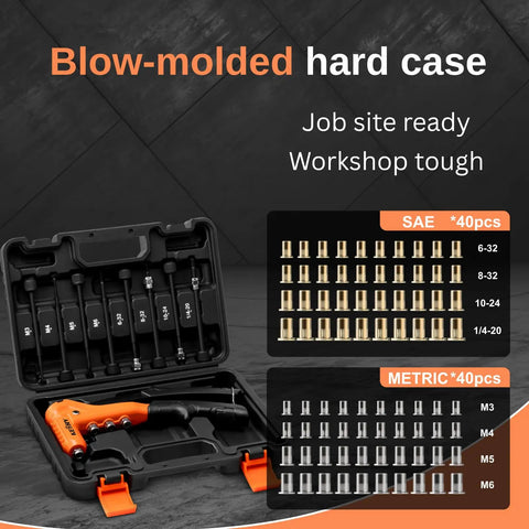 One-Handed 9.5 Inch Rivet Nut Tool Kit With 8 Mandrels And 80 Nuts in blow-molded case, display of SAE and metric sizes