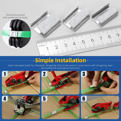 Open Snap-On 5 by 8 Inch Metal Buckle Seals Pack for Strapping, installation guide, strapping tool, and steel seals.