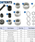 weyleity exhaust pipe expander tool set contents: metal collets (C-1 to C-5), drive expander, O-rings, grease