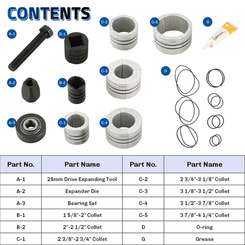 weyleity exhaust pipe expander tool set contents: metal collets (C-1 to C-5), drive expander, O-rings, grease