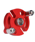 Self Centering Dowel Jig Kit With Solid Anodized Aluminum Block And Three Stainless Steel Bushings detail view showing red jig with steel bushings.