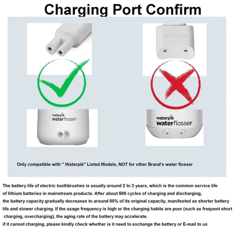 Charging port confirmation for Waterpik flosser models WP360 WP450 WP462. Displays compatible and incompatible connectors.