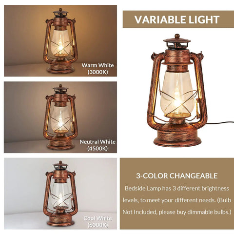 Industrial Rustic Lantern Table Lamp With Old Fashioned Oil Lamp Vibe for Farmhouse Bedroom showing variable light settings