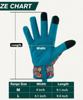 Size chart showing Womens Gardening Gloves With Printed Design And Touchscreen Grip For Thorn Proof Puncture Resistant Work Gloves For Weeding Planting Pruning And Daily Garden Tasks For Everyday Use, available in M and L.