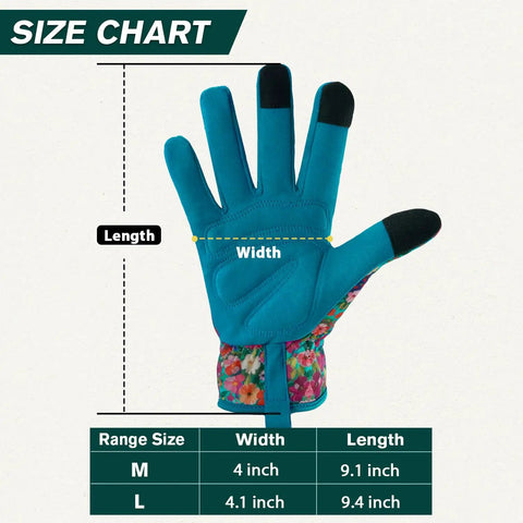 Size chart showing Womens Gardening Gloves With Printed Design And Touchscreen Grip For Thorn Proof Puncture Resistant Work Gloves For Weeding Planting Pruning And Daily Garden Tasks For Everyday Use, available in M and L.