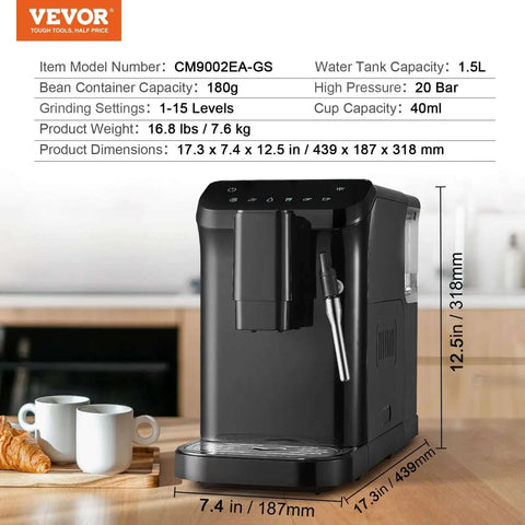 Automatic Espresso Machine With Built In Grinder, 20 Bar Pressure, Frother Steam Wand, 15 Grinding Settings, 1.5L Water Tank