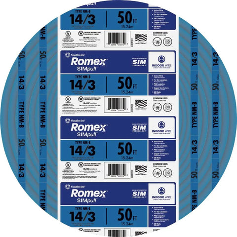 SimPull Solid Indoor Romex NM-B Cable 14 3 With Ground 50 Ft Coil packaging showing product details.