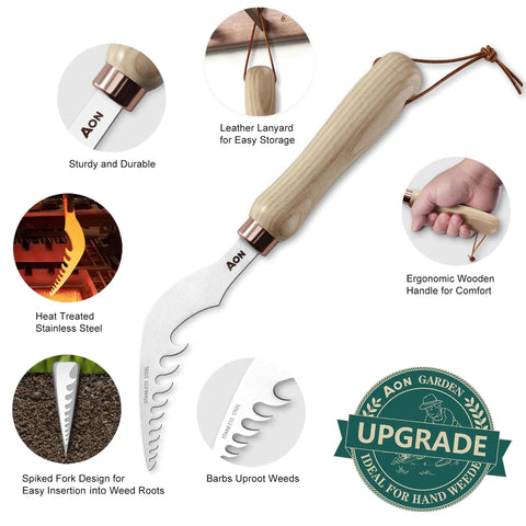 2 Pack Hand Weeder Set With L Shaped Crevice Tool And Curved Tip Weeder Heat Treated Steel Blades And Ash Wood Ergonomic Handles Garden And Lawn Weed Pullers For Easy Root Removal In Beds Patios, featuring ergonomic handle and blade details