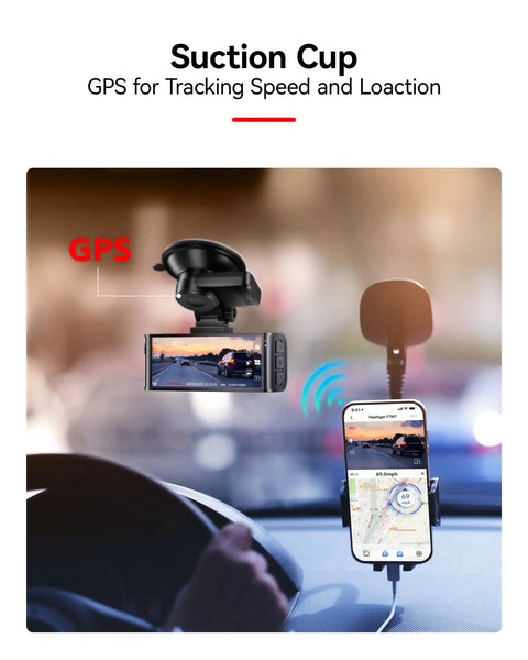 Suction Mount For F7N Series Dash Cam With Built In GPS Module showcasing GPS tracking on smartphone display.