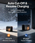 12V 50Ah LiFePO4 Trolling Motor Battery With Bluetooth showing auto cut-off and resume charging at different temperatures
