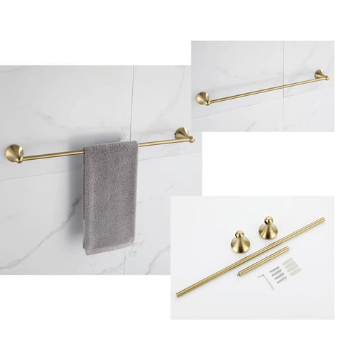 Brushed Gold 4 Piece Bathroom Hardware Set With 23.6 Inch Towel Bar, Towel Hook, Toilet Paper Holder, And Hand Towel Holder shown with bar