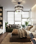 Dope Industrial Caged Ceiling Fan With Light Remote Control in bedroom, dimmable LED ring, remote in hand, modern decor