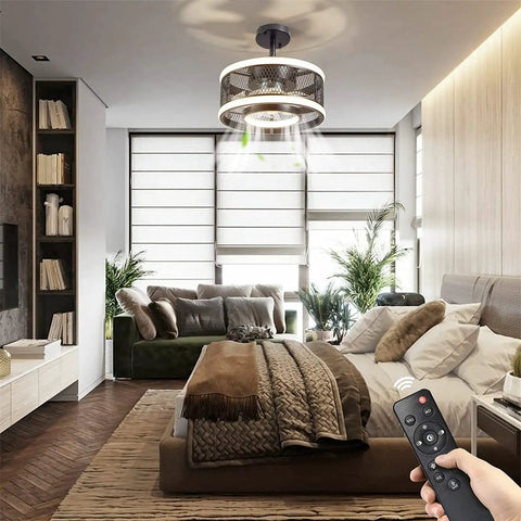 Dope Industrial Caged Ceiling Fan With Light Remote Control in bedroom, dimmable LED ring, remote in hand, modern decor