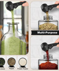 Coffee Scoop With Leveling Funnel For Reusable K Cup Pods And Ground Coffee Measuring Spoon 2 Tablespoon Capacity Perfect For Ground Coffee Tea And Protein Powder No Spill Mess Free Refill demonstrated with green tea leaves, dried herbs, and protein powder.