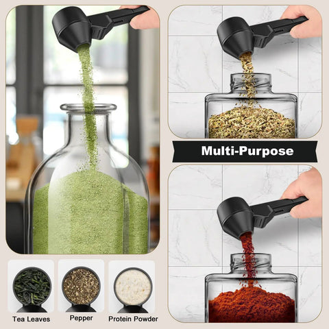 Coffee Scoop With Leveling Funnel For Reusable K Cup Pods And Ground Coffee Measuring Spoon 2 Tablespoon Capacity Perfect For Ground Coffee Tea And Protein Powder No Spill Mess Free Refill demonstrated with green tea leaves, dried herbs, and protein powder.