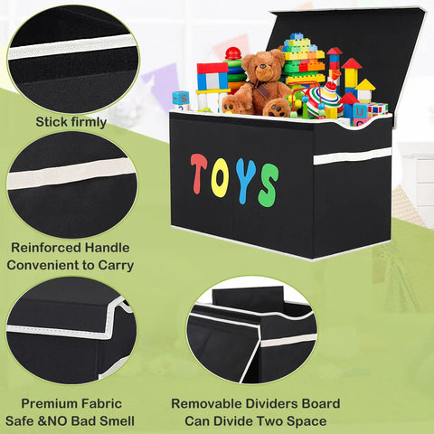 Extra Large Collapsible Toy Box Chest With Lids For Kids Storage, showing features like handles and dividers, filled with toys.
