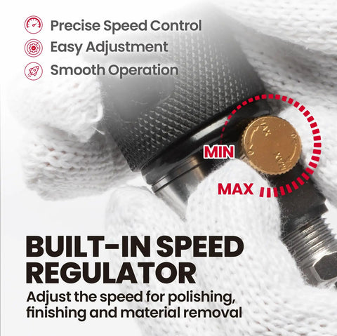 Close-up of Mini Orbital Air Sander Kit For Two Inch And Three Inch Sanding speed regulator adjustment