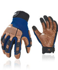 Blue and brown Leather Heavy Duty Work Gloves For Mechanics And DIY Pros With Impact Resistance Anti Vibration in size large.