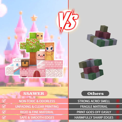 Comparison of two toy block sets: SSAWER durable, non-toxic magnetic blocks vs. fragile others, with a castle and cube illustration.