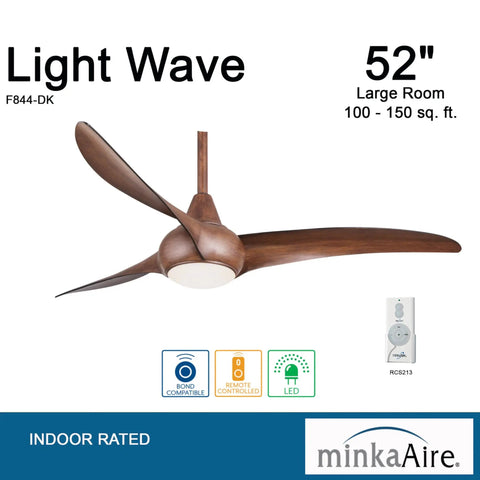 Light Wave 52 Inch Ceiling Fan With LED Light Kit In Distressed Koa Finish, Remote Controlled Three Speed Fan And Full Range Dimmer, Energy Efficient LED Lighting
