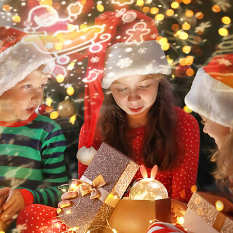 Kids Night Light Rotating Starry Night Projector With Remote Control 6 Projection Films USB Rechargeable Soothing Music Bedside Nursery Lamp For Baby Boys Girls Gift White with children in holiday attire.