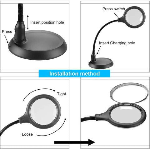 Installation method for 5X Magnifying Lamp With LED Light And Flexible Gooseneck USB Powered for reading and hobbies