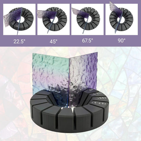 Zero Stress Stained Glass Soldering Station And Multi Angle Cutting Jig Tool showing angles 22.5° to 90° with cut glass pieces.