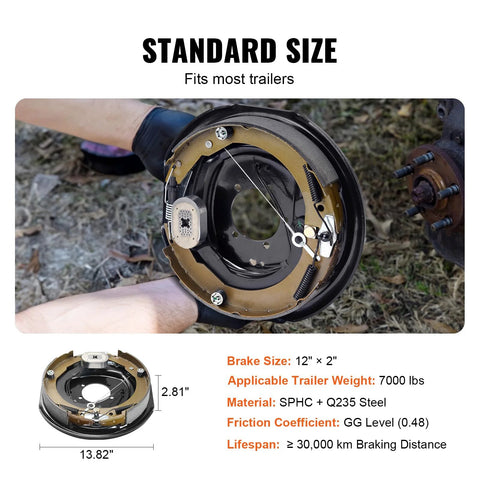 Front view of VEVOR 12x2 inch electric trailer brake assembly with black backing plate for 7000 lb axle
