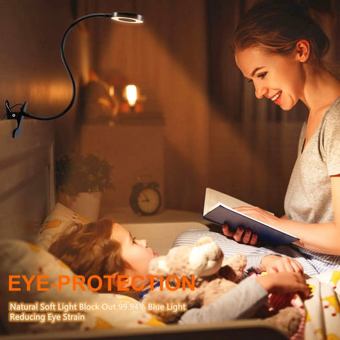 Clip On Reading Light With 48 LED USB Desk Lamp used on headboard, showing flexible gooseneck, eye protection during bedtime reading