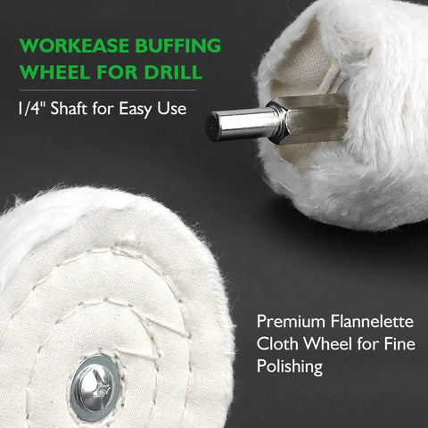 Pro Grade Drill Wheel Buffing Kit With Cloth Polishing Pads And Wheel Brush Quarter Inch Shaft For Aluminum Car And Motorcycle Wheel Rims Manifold Polishing 9 Piece Set showing flannelette cloth buffing wheel with 1/4 inch shaft.