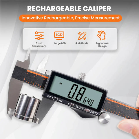 Rechargeable Digital Caliper 0 To 8 Inch With Large LCD Screen Inch Millimeter Fraction Readouts Stainless Steel Body