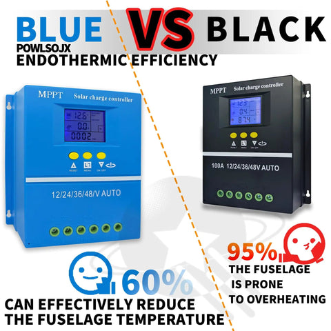 High Efficiency MPPT Solar Charge Controller 60A 80A 100A With Multi Voltage Support 12V 24V 36V 48V, blue vs black design comparison