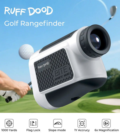 Magnetic Golf Rangefinder With Slope Compensation And Pin Seeking Tech Up To 1000 Yards USB-C white device near golf course